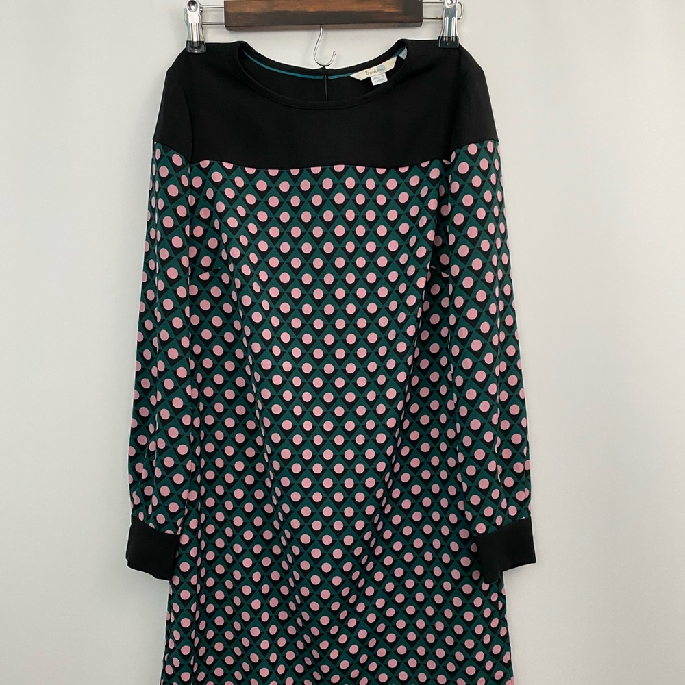 Boden Black Teal Pink Dot Long-Sleeve Dress